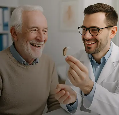 photo d'un senior qui consulte un audioprothésiste et qui est content